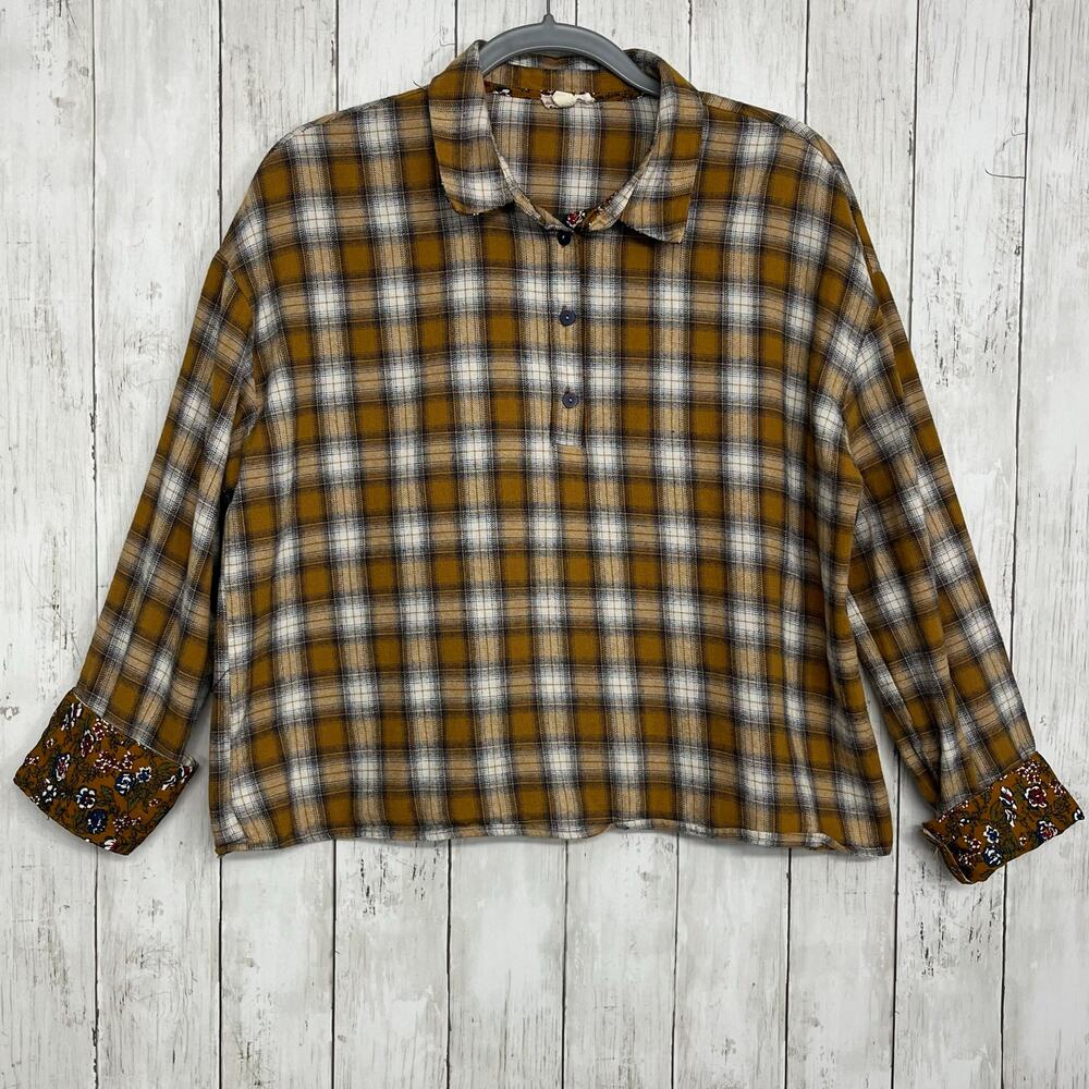 Hem & Thread Plaid 3/4 Button Floral Roll Cuff Collared Fall Autumn Shirt Large